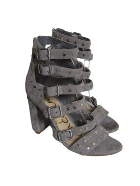 SAM EDELMAN Suede Gladiator Caged Studded York Gray Block High Heels Sandals 8
